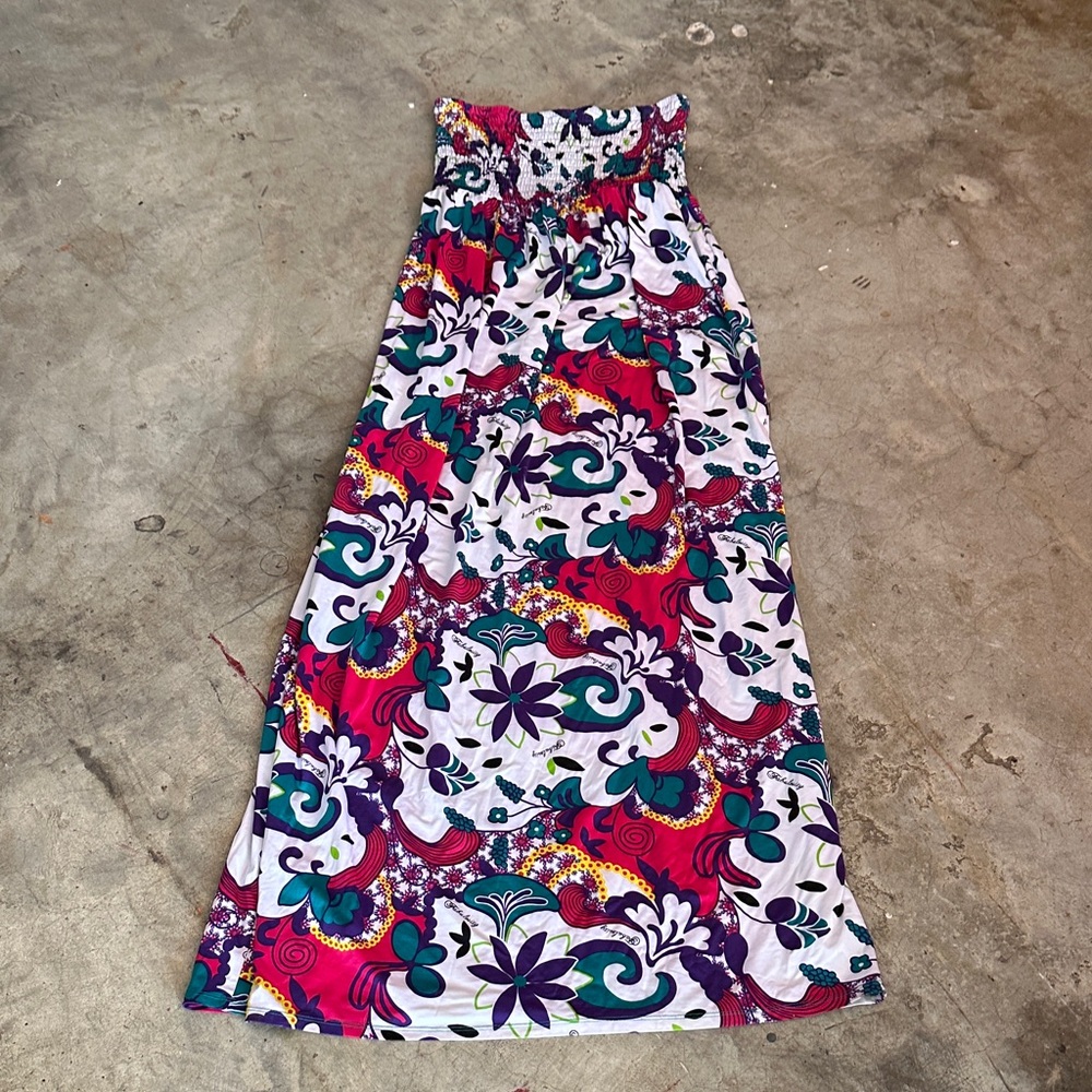 Floral Print Smocked Maxi Dress in Fuchsia & Teal